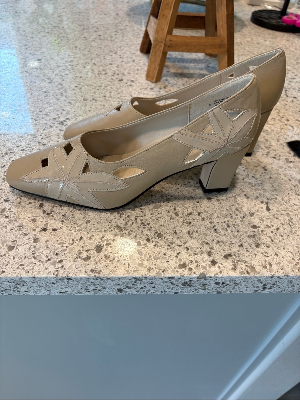Annie Beige Cutout Floral Block Heel Pumps